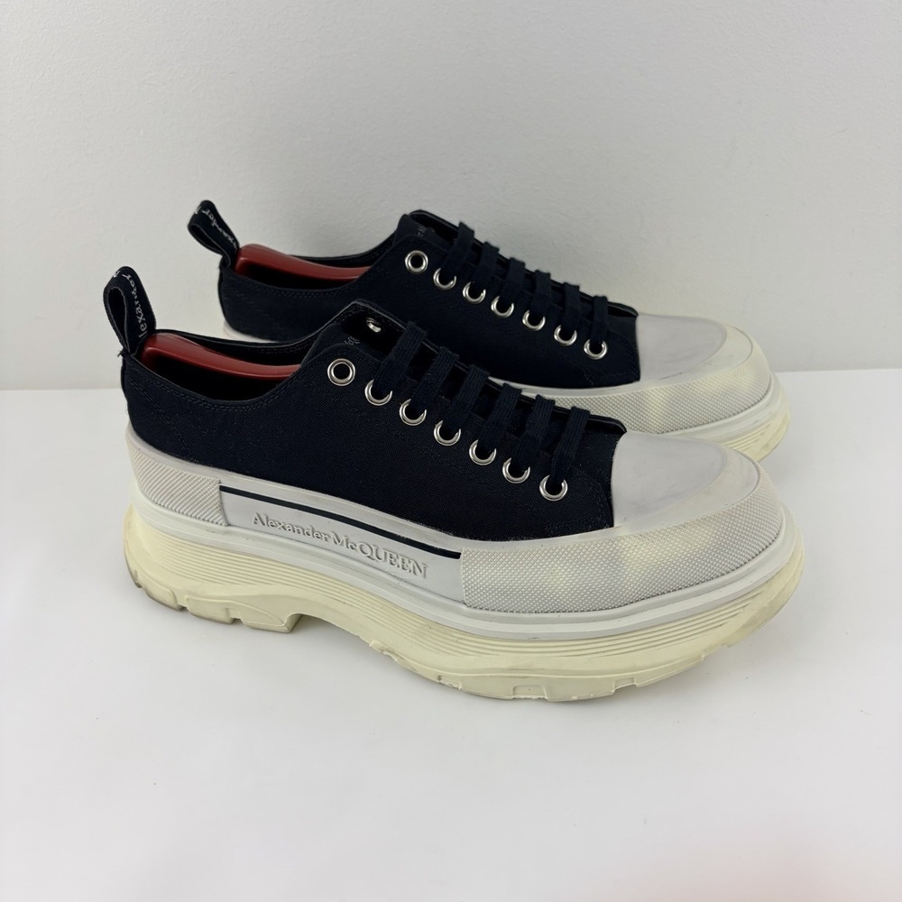 Alexander McQueen Mens Tread Slick Black White Canvas Platform Sneakers EU 43